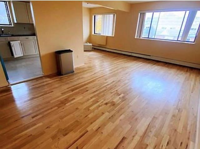 interior space with sink, light hardwood / wood-style floors, and a baseboard radiator