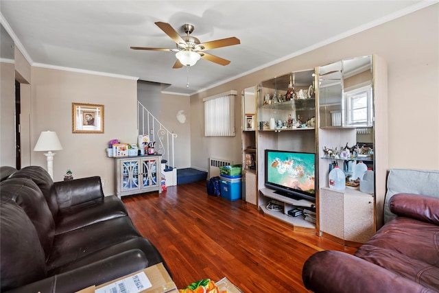 living room featuring dark hardwood / wood-style flooring, ceiling fan, and ornamental molding