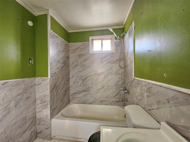 129-06 131st St, South Ozone Park, NY 11420 - bathroom featuring tile walls, bathtub / shower combination, ornamental molding, wainscoting, and vanity