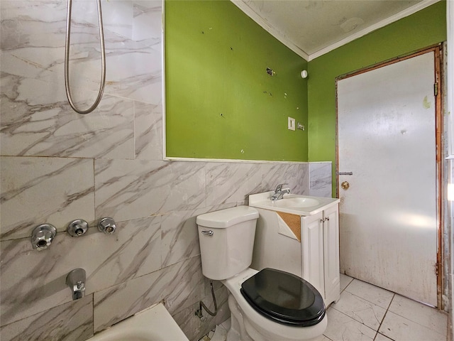 129-06 131st St, South Ozone Park, NY 11420 - bathroom with ornamental molding, vanity, and tile walls