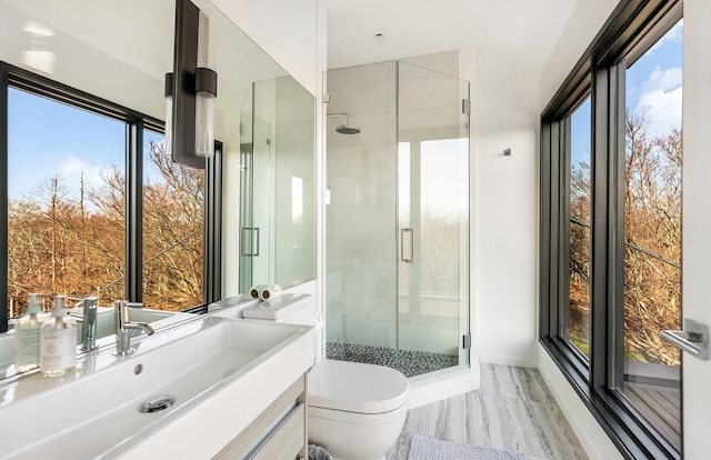 bathroom featuring a wealth of natural light, vanity, and an enclosed shower