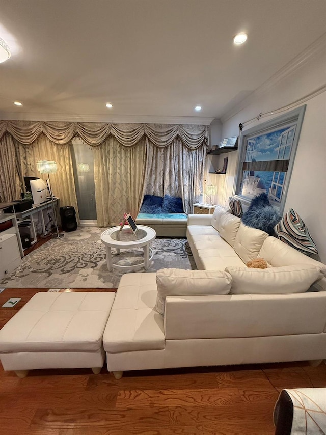 living room with crown molding and wood-type flooring