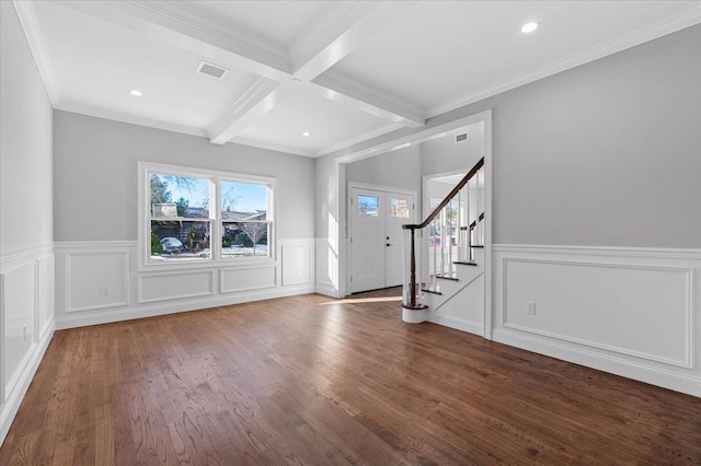 unfurnished living room with crown molding, beamed ceiling, wood-type flooring, and coffered ceiling