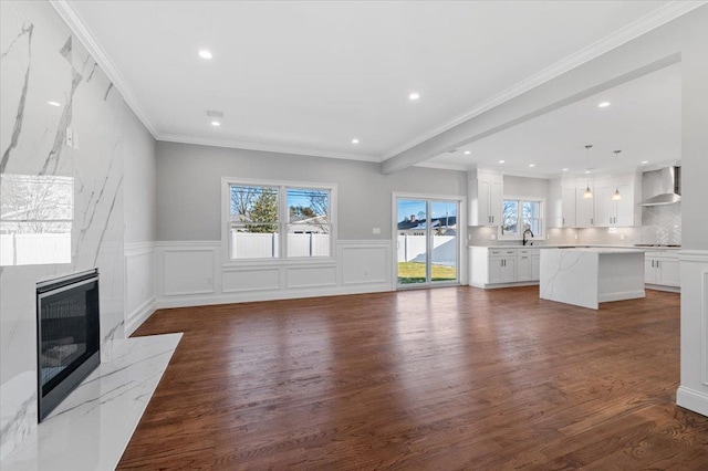 unfurnished living room featuring dark hardwood / wood-style flooring, a premium fireplace, crown molding, and sink