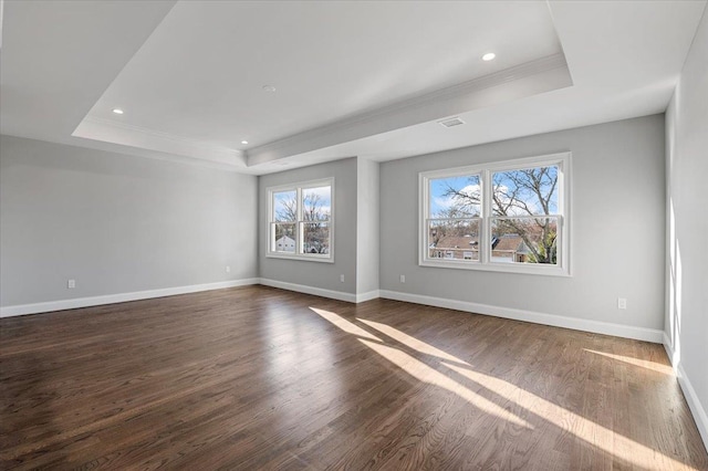 empty room featuring dark hardwood / wood-style floors, a healthy amount of sunlight, and a raised ceiling