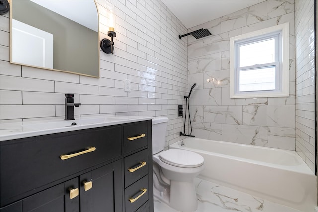 full bathroom with tasteful backsplash, vanity, tiled shower / bath combo, tile walls, and toilet