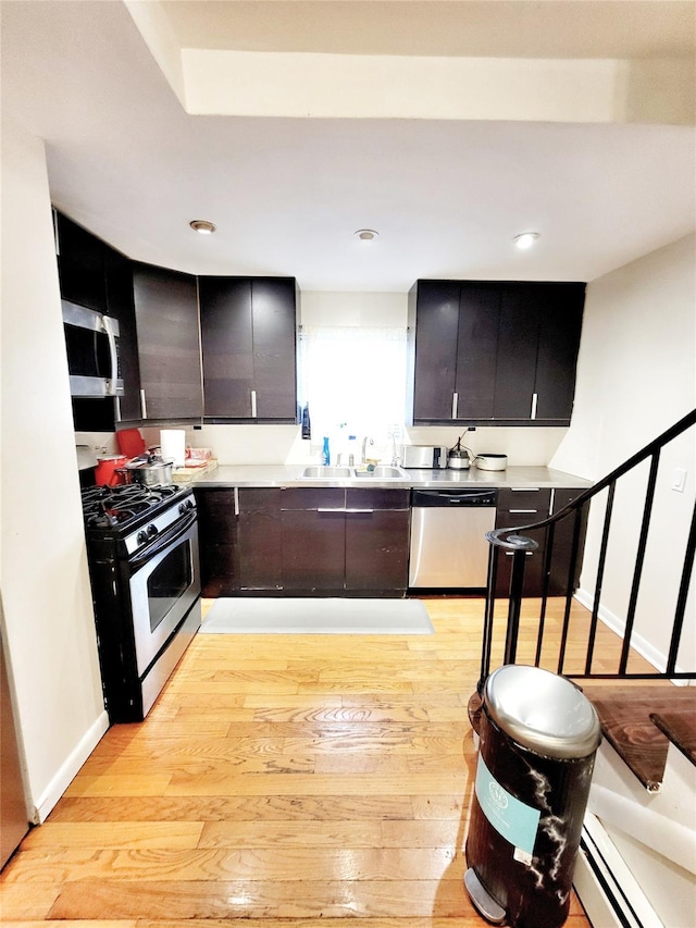 kitchen featuring a baseboard heating unit, stainless steel appliances, light hardwood / wood-style floors, and sink