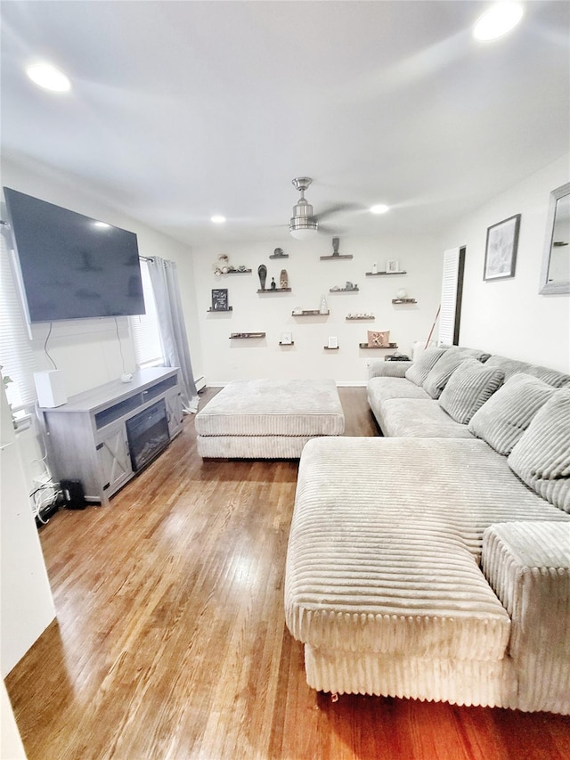 living room with hardwood / wood-style flooring and ceiling fan