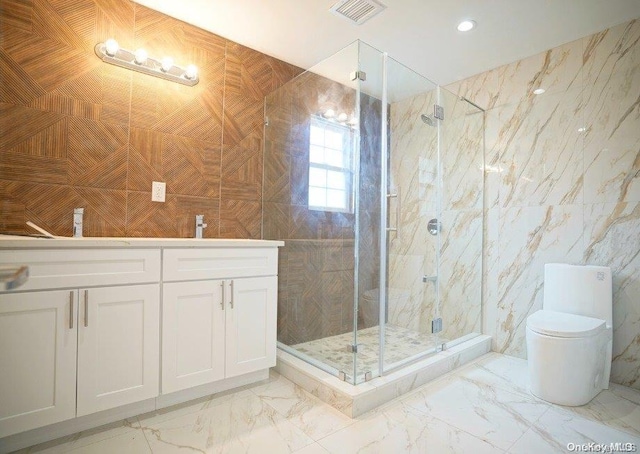 bathroom with vanity, toilet, an enclosed shower, and tile walls