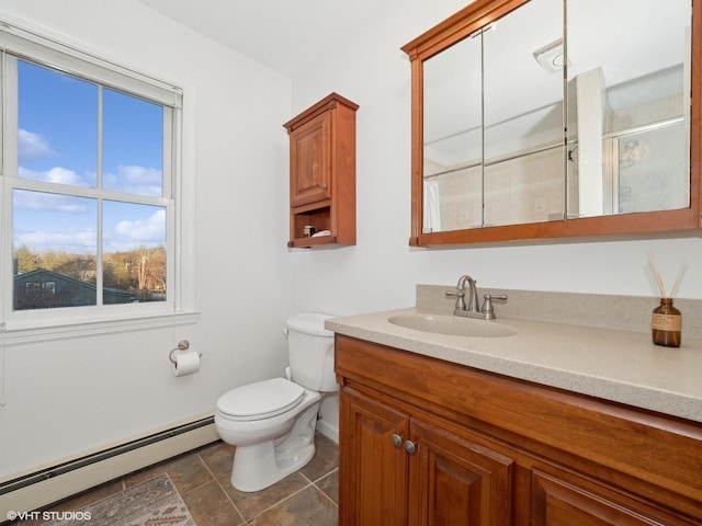 bathroom with tile patterned floors, walk in shower, vanity, a baseboard radiator, and toilet