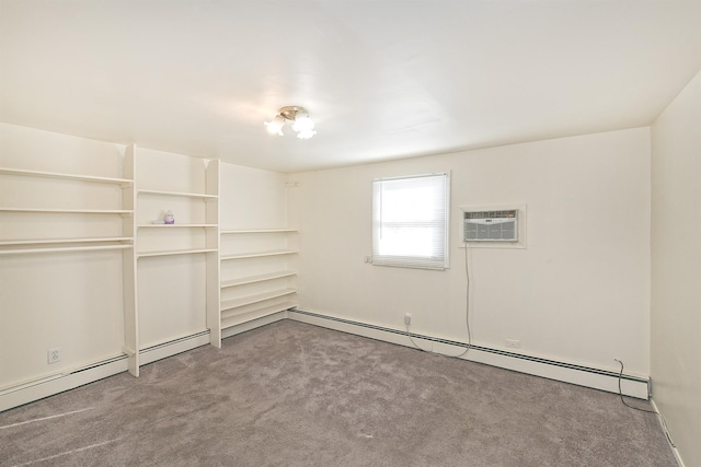 spare room featuring light carpet, a wall mounted air conditioner, and a baseboard heating unit