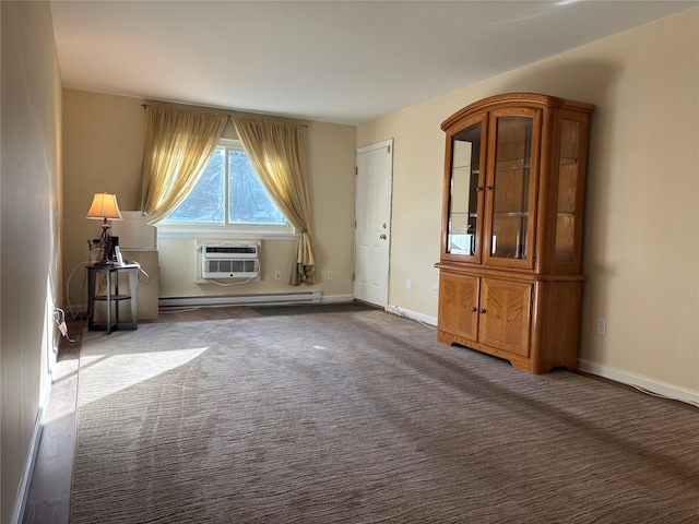 carpeted empty room featuring baseboard heating and a wall mounted AC