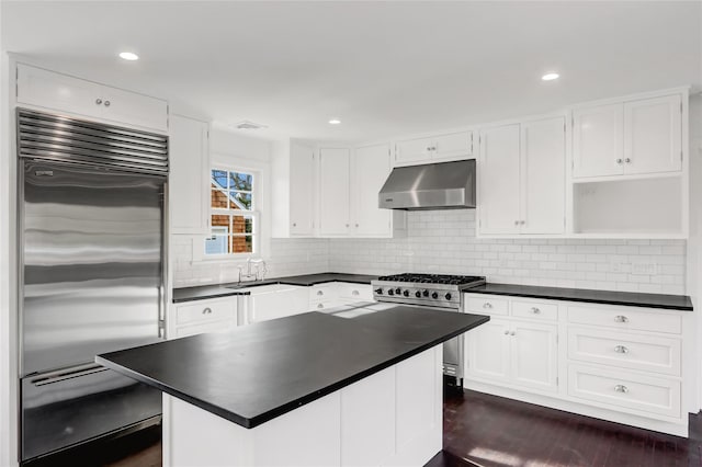 kitchen with a kitchen island, high end appliances, sink, exhaust hood, and white cabinetry