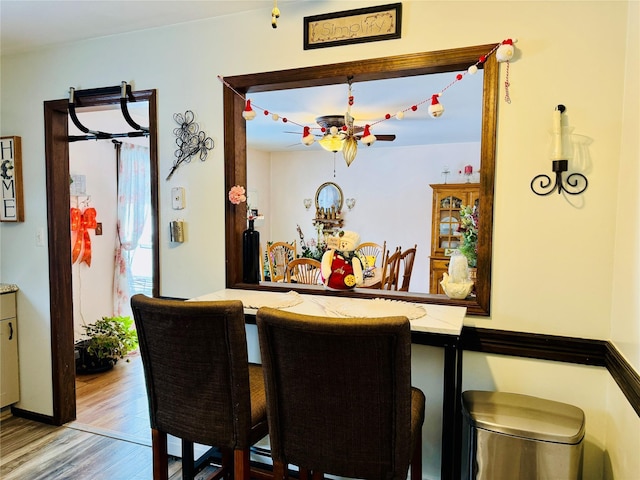 dining area featuring ceiling fan and hardwood / wood-style flooring