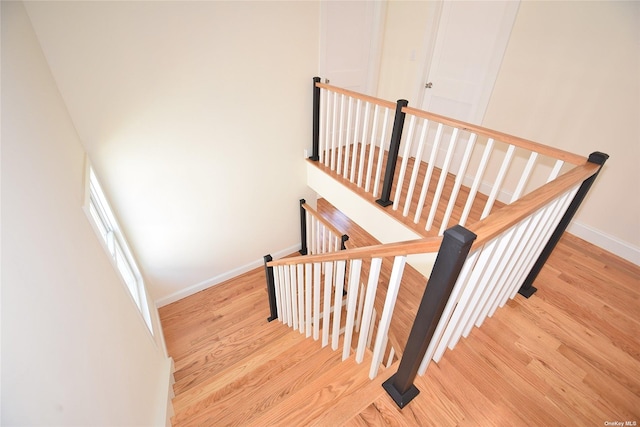 stairway with hardwood / wood-style floors