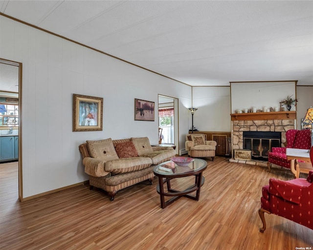 living room featuring hardwood / wood-style flooring, a stone fireplace, and baseboard heating