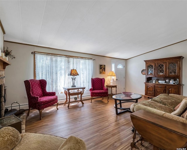 living room featuring hardwood / wood-style floors, a fireplace, crown molding, and a baseboard heating unit