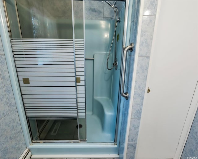 bathroom featuring a baseboard heating unit and a shower with shower door