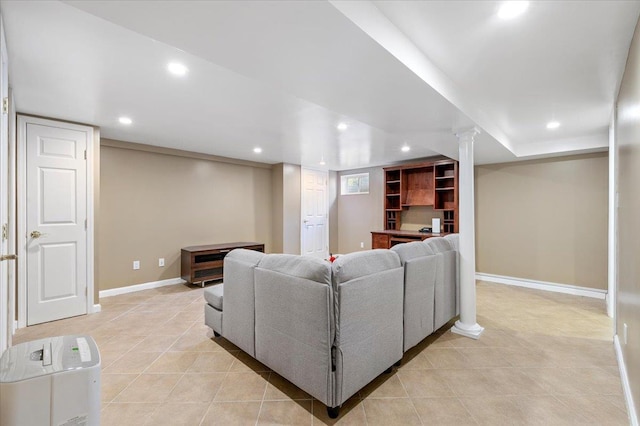 living room with light tile patterned flooring