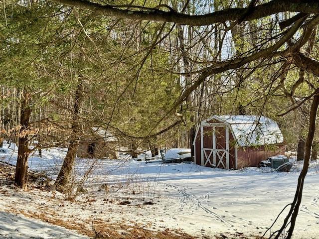 snowy yard featuring a storage unit