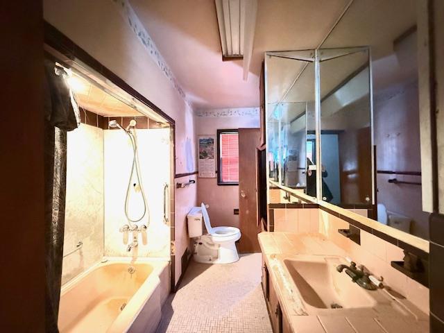 full bathroom featuring bathtub / shower combination, vanity, and toilet