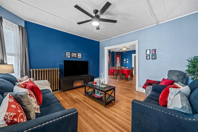 living room with wood-type flooring, radiator, crown molding, and ceiling fan