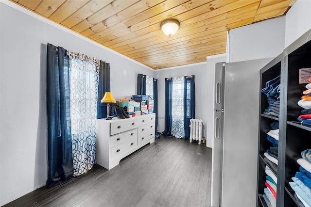 walk in closet with radiator heating unit and dark wood-type flooring