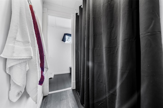 bathroom with hardwood / wood-style floors