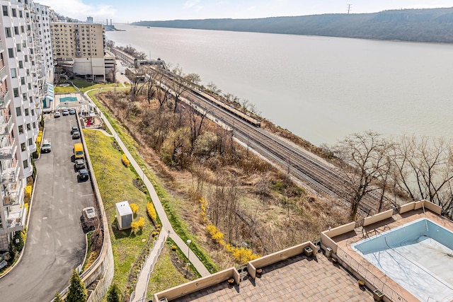 aerial view featuring a water view