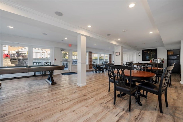 dining space featuring pool table, french doors, light hardwood / wood-style floors, and crown molding