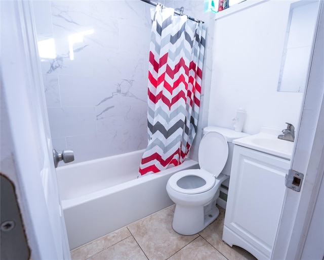 full bathroom with tile patterned flooring, vanity, toilet, and shower / bathtub combination with curtain