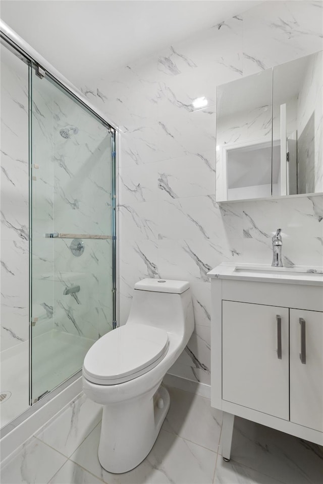 bathroom with walk in shower, vanity, and toilet