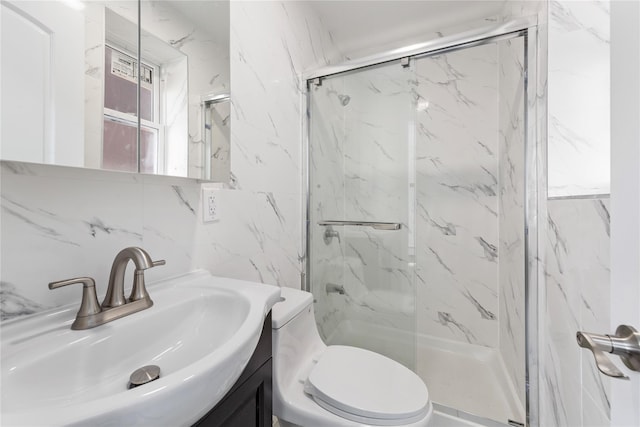 bathroom with vanity, an enclosed shower, and toilet