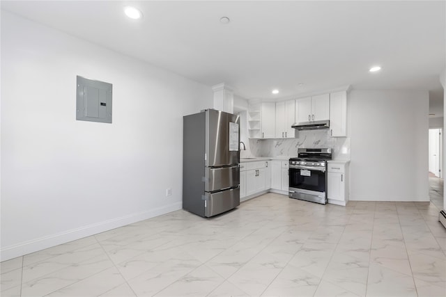 kitchen with decorative backsplash, stainless steel appliances, sink, white cabinets, and electric panel