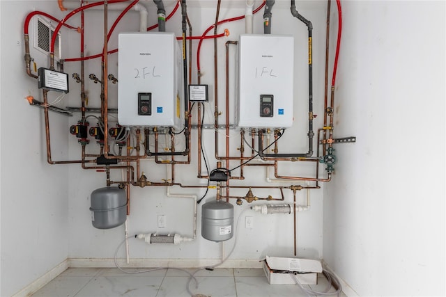 utility room with tankless water heater