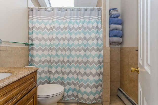 bathroom with baseboard heating, tile walls, a shower with shower curtain, vanity, and toilet