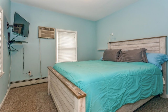 carpeted bedroom featuring a baseboard heating unit and a wall mounted air conditioner