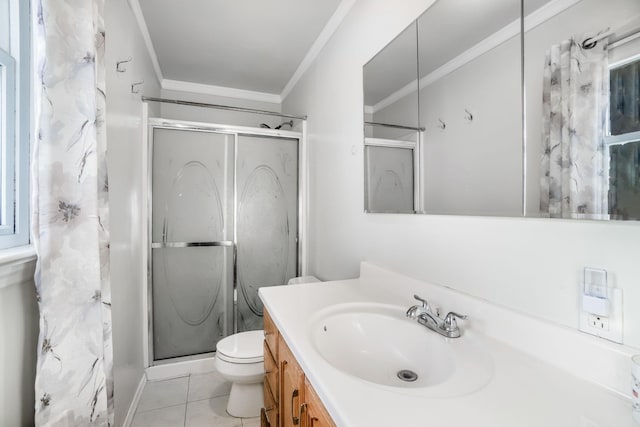 bathroom with tile patterned floors, crown molding, vanity, and an enclosed shower