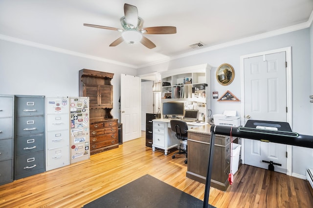 office area featuring ceiling fan, hardwood / wood-style floors, and ornamental molding