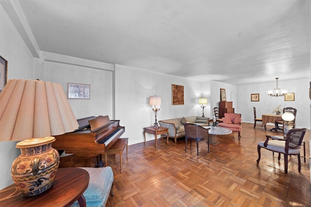 living room featuring a chandelier