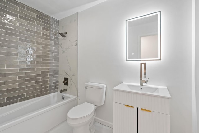 full bathroom featuring vanity, tiled shower / bath combo, and toilet