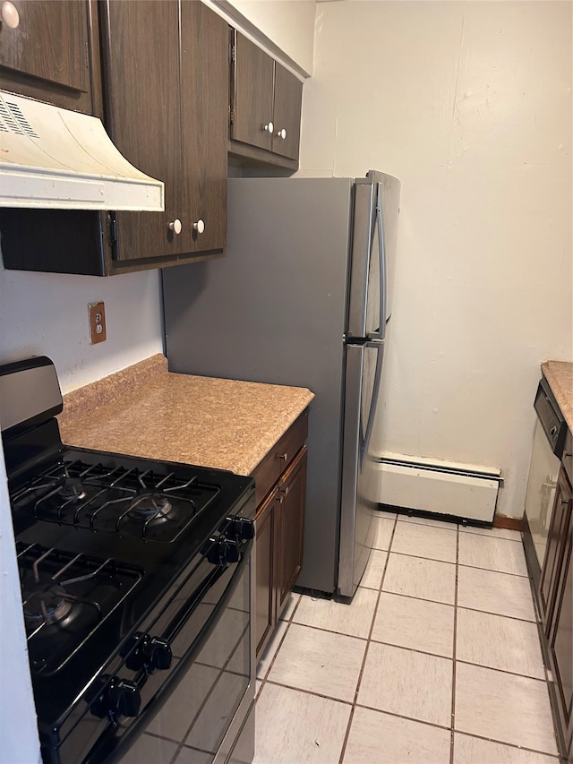 kitchen featuring dark brown cabinetry, light tile patterned floors, baseboard heating, and gas range