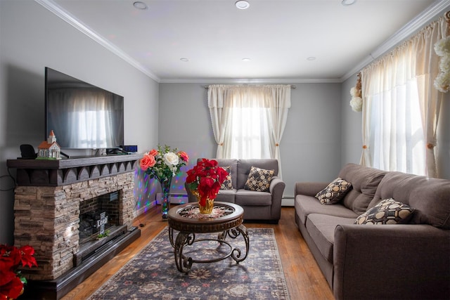 living room with hardwood / wood-style floors, crown molding, a stone fireplace, and baseboard heating