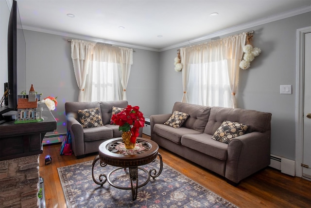 living room with dark hardwood / wood-style flooring, crown molding, and a baseboard heating unit