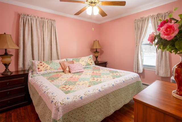 bedroom with multiple windows, ceiling fan, crown molding, and dark hardwood / wood-style floors