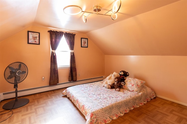 bedroom featuring parquet floors, a baseboard radiator, and vaulted ceiling