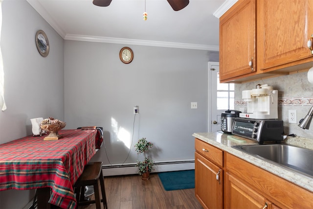 kitchen with sink, dark hardwood / wood-style flooring, ornamental molding, and backsplash