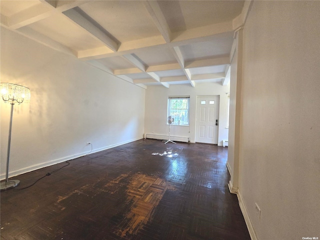 unfurnished room with beamed ceiling, a baseboard heating unit, and coffered ceiling