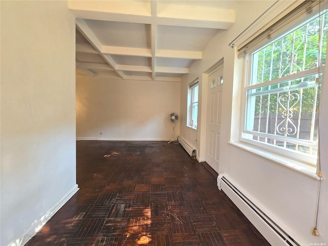 hall featuring beamed ceiling, a baseboard radiator, and coffered ceiling