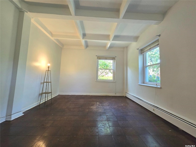 empty room with baseboard heating, coffered ceiling, and beam ceiling